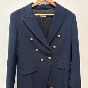 ZARA Navy Blue Double-Breasted Gold Button Blazer